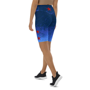 "Fluid Ombre Blue with Red Stars" Biker Shorts