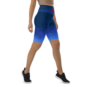 "Fluid Ombre Blue with Red Stars" Biker Shorts