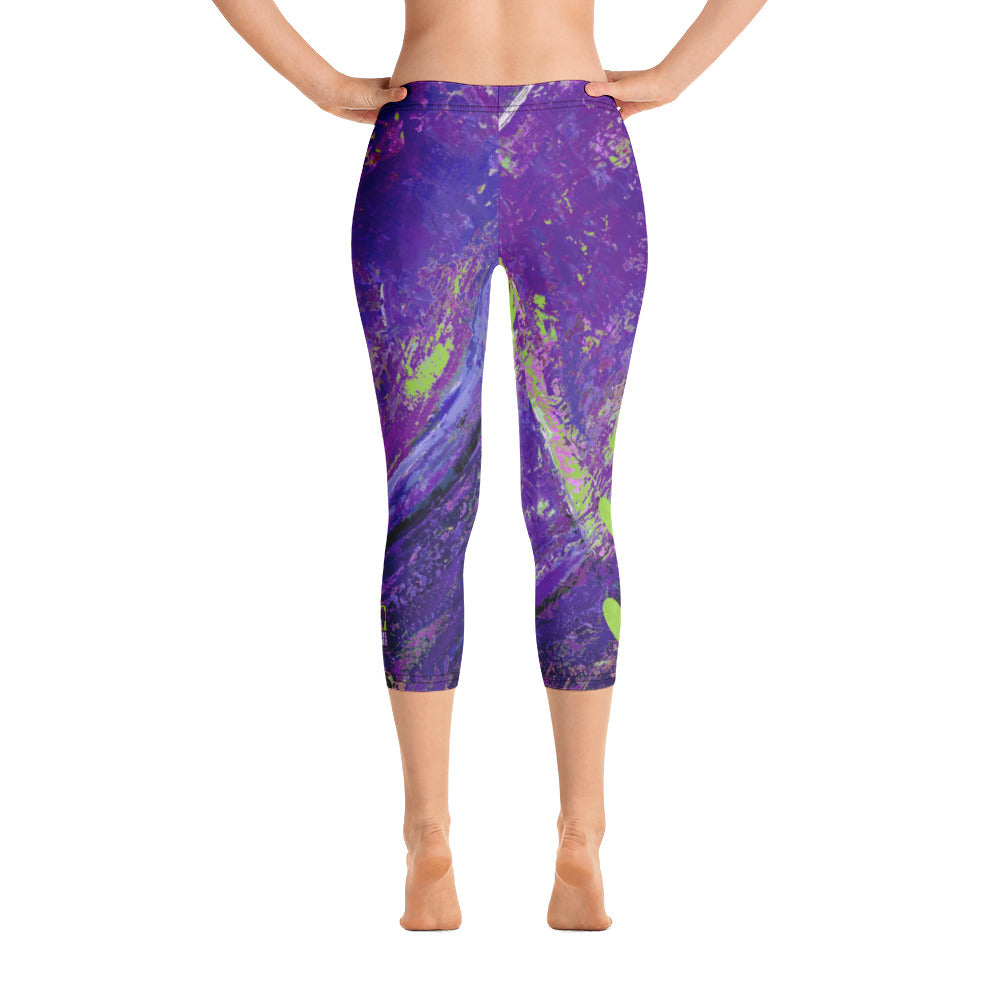 Coral Heart Purple and Lime with Green Hearts SFG | Women's Fine Art Regular-Waist Capris