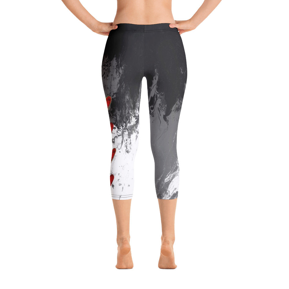 Fluid Mahogany Grey and White with Hearts | Women's Fine Art Regular-Waist Capris