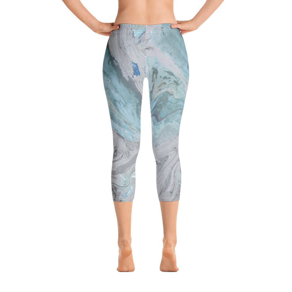 Fluid Aqua and Grey | Women's Fine Art Regular-Waist Capris