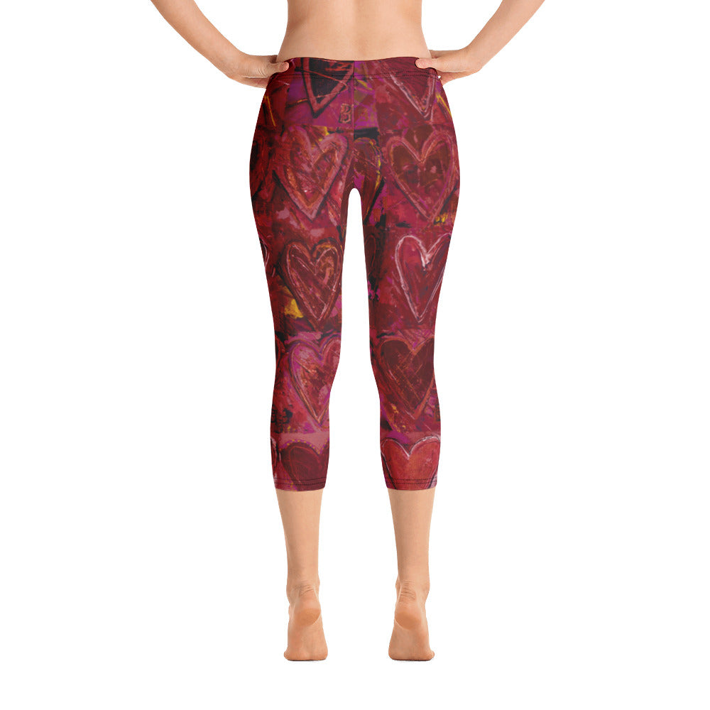 Hearts Without Borders Red and Dark Purple | Women's Fine Art Regular-Waist Capris