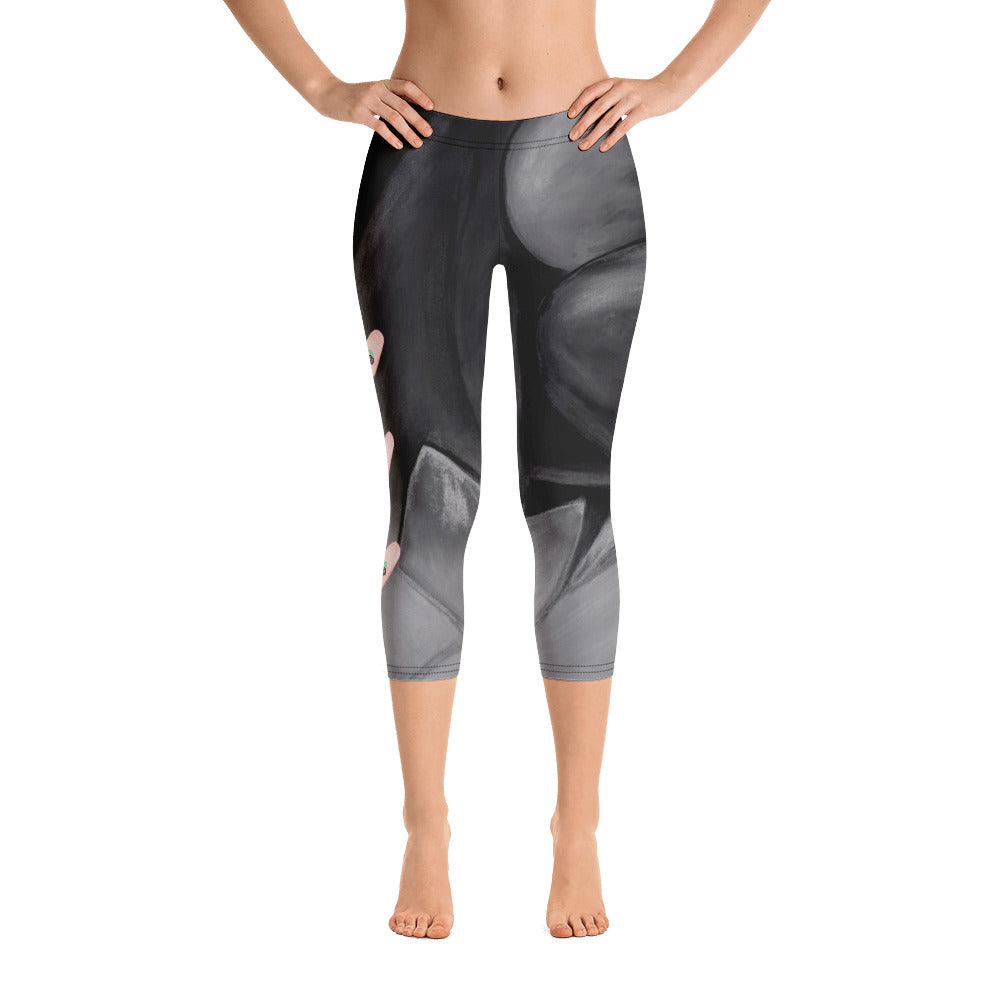 Flower on Grey with Blush Hearts BBBS | Women's Fine Art Regular-Waist Capris