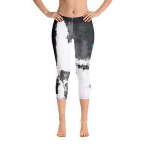 Abstract Woman Black and White with Turquoise Hearts | Women's Fine Art Regular-Waist Capris