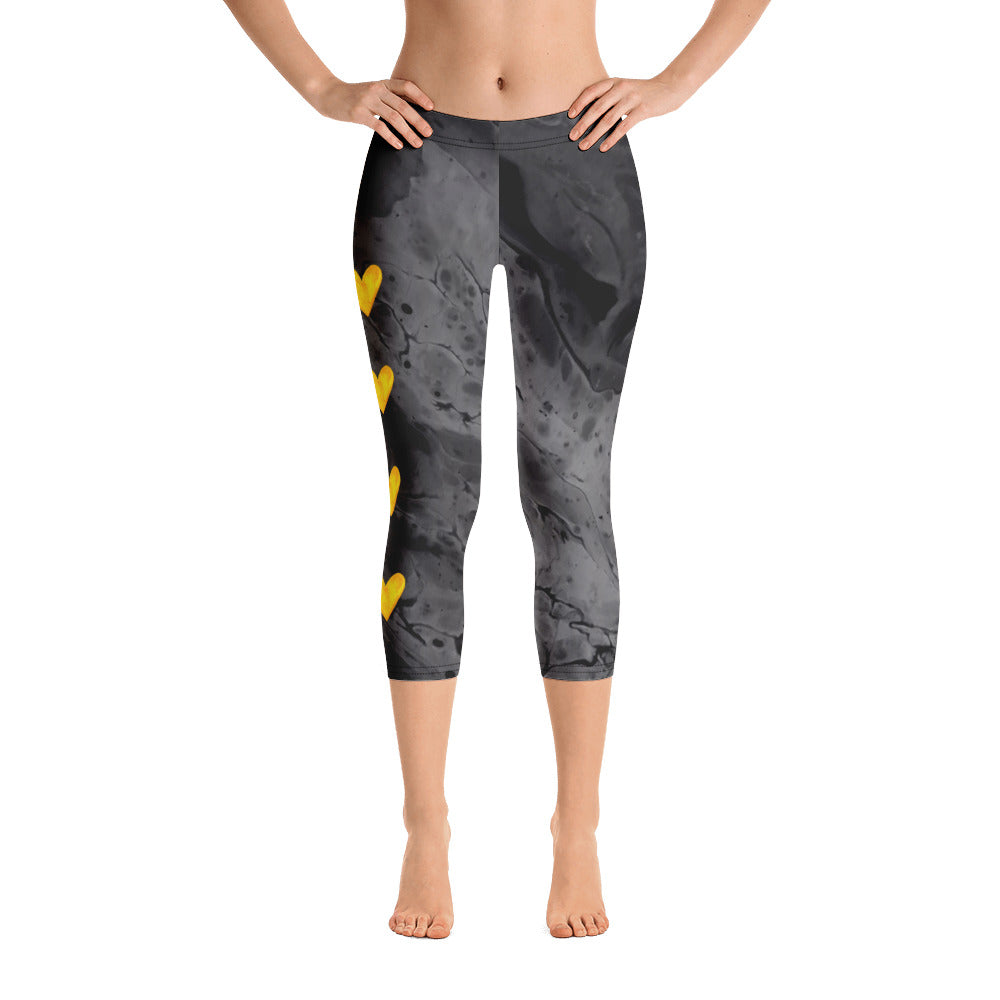 Optimism - Fluid Dark Grey with Yellow Hearts | Women's Fine Art Regular-Waist Capris