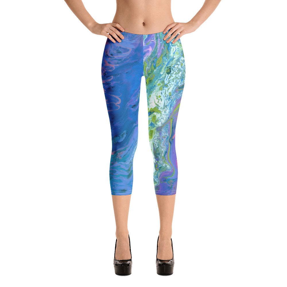 Fluid Coral and Blue | Women's Fine Art Regular-Waist Capris