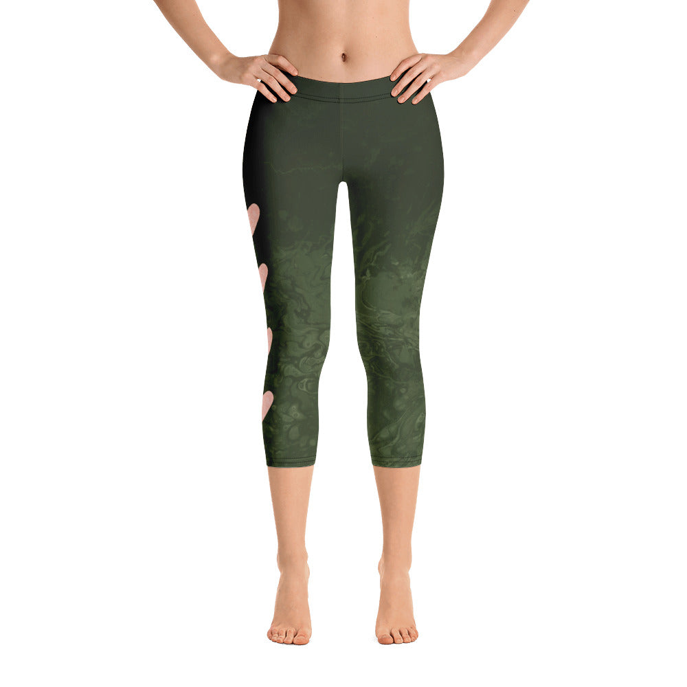 Fluid Military Green with Blush Hearts | Women's Fine Art Regular-Waist Capris