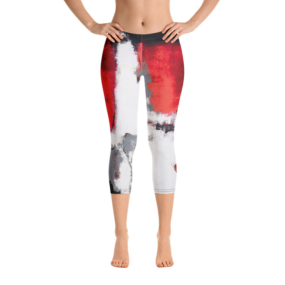 Abstract Woman with Red and Grey with Red Hearts | Women's Fine Art Regular-Waist Capris