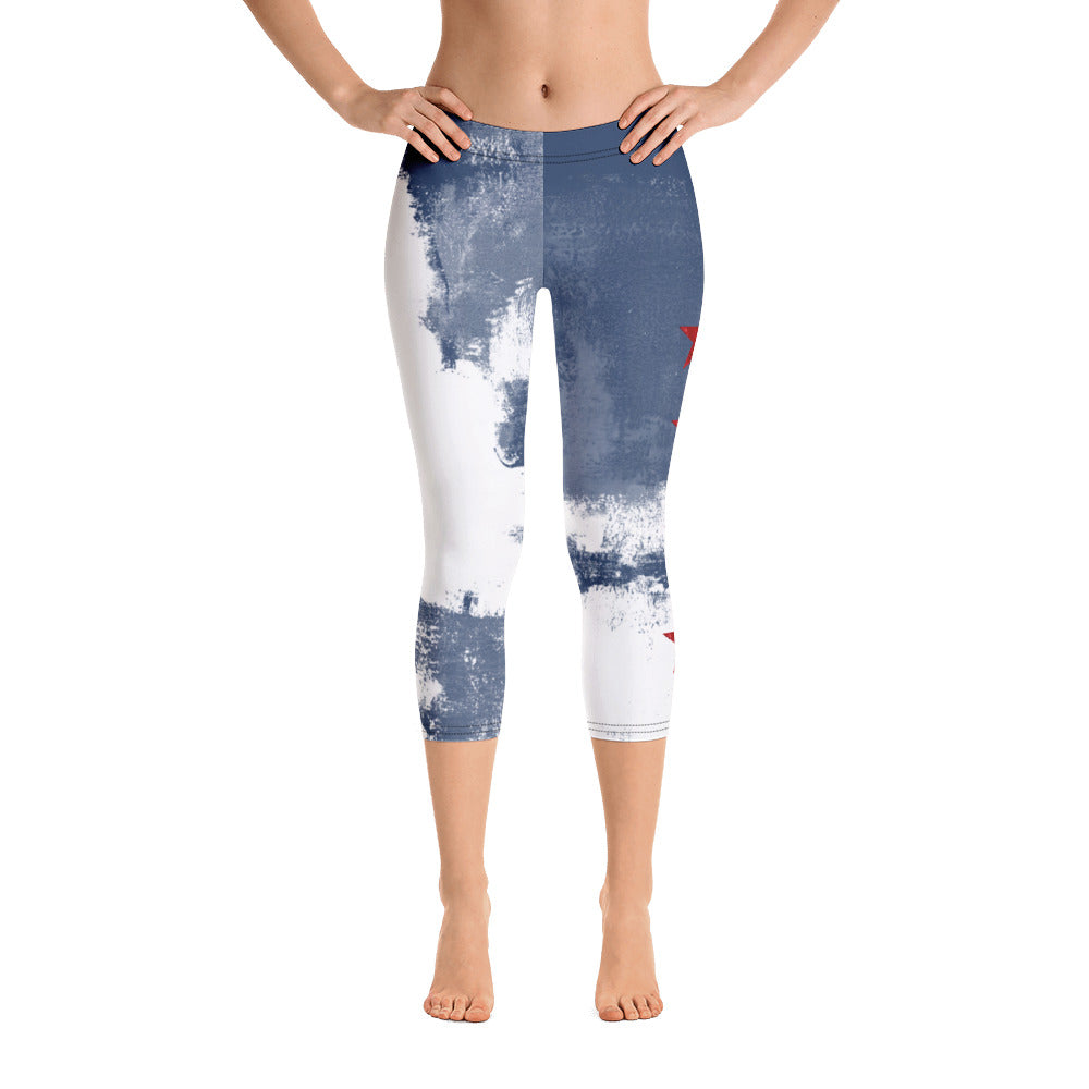 Independence - Blue and White with Red Stars | Women's Fine Art Regular-Waist Capris
