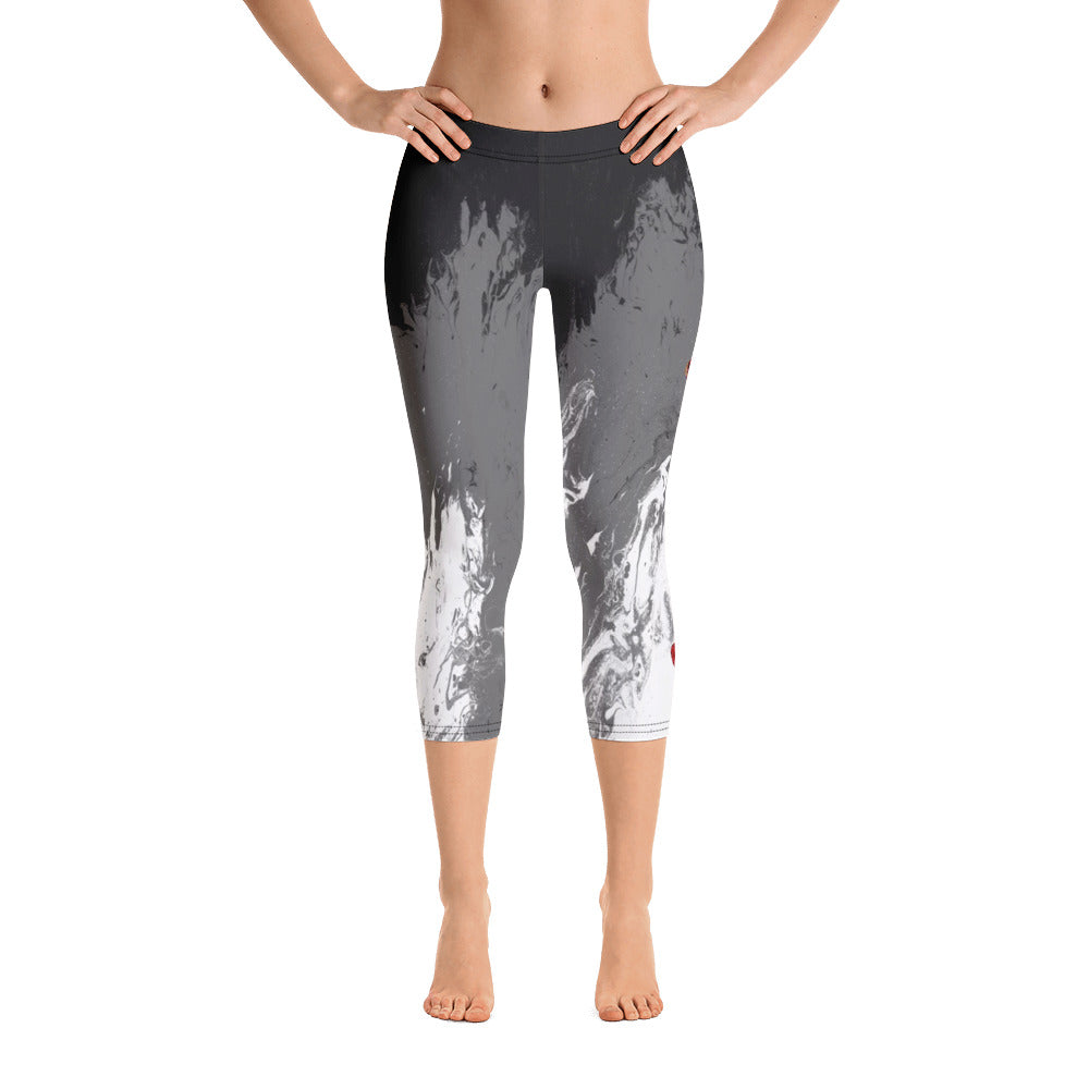 Fluid Mahogany Grey and White with Hearts | Women's Fine Art Regular-Waist Capris