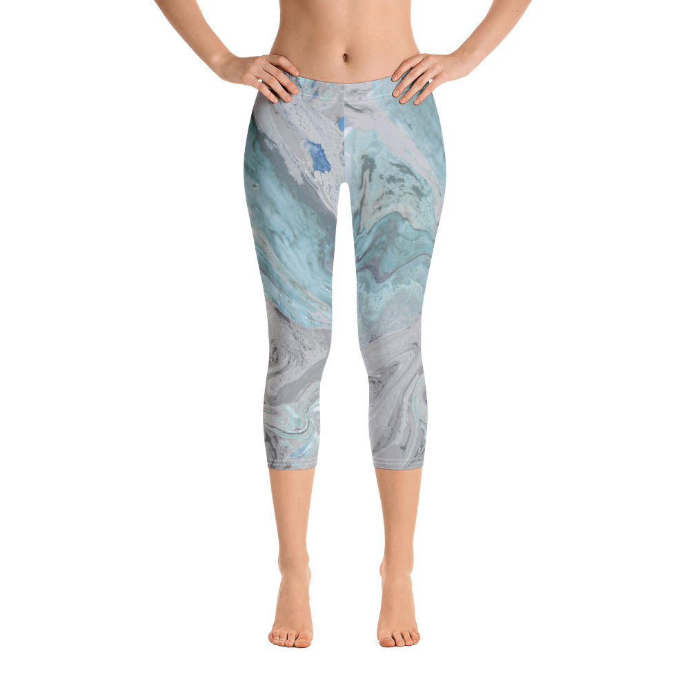 Fluid Aqua and Grey | Women's Fine Art Regular-Waist Capris