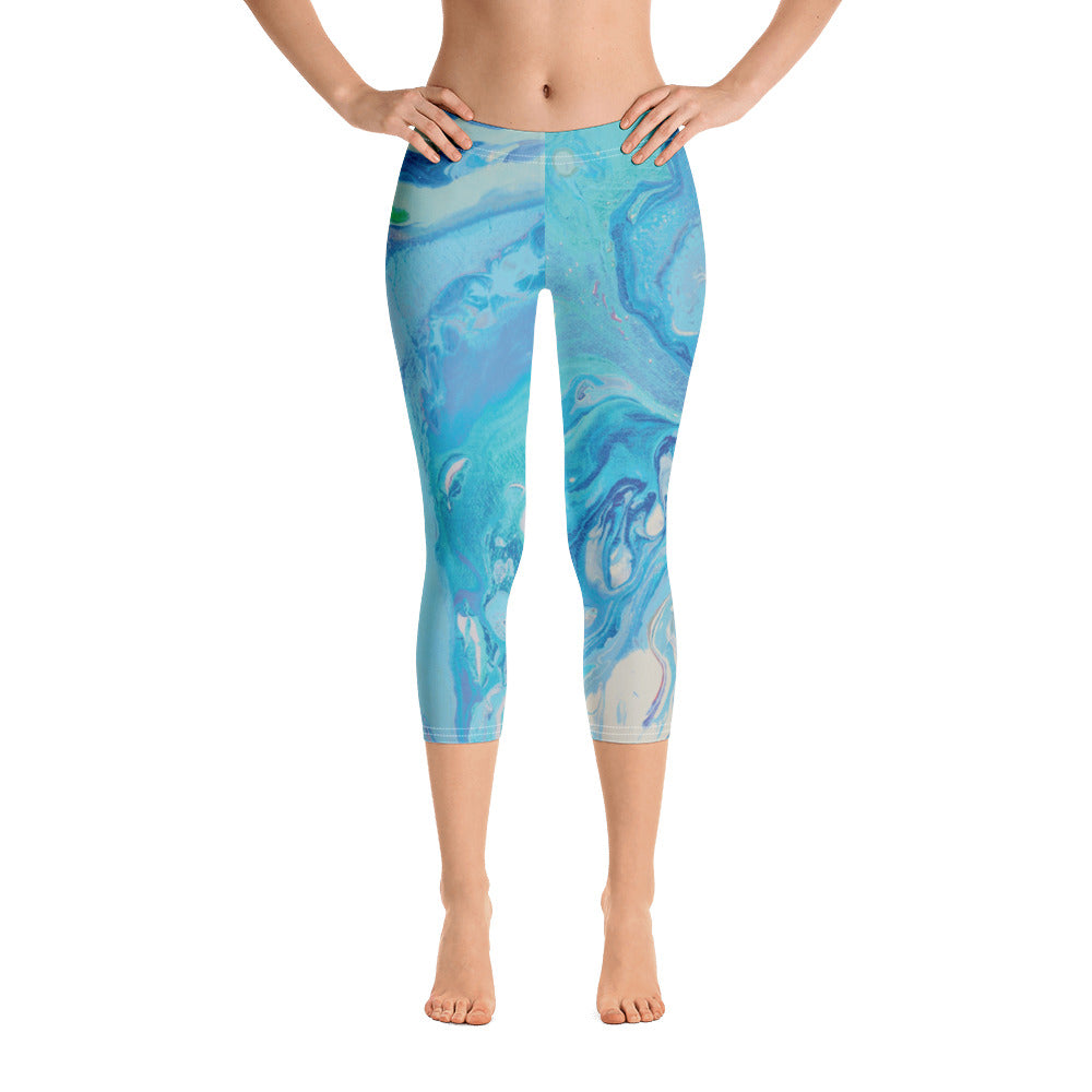 Fluid Light Blue - Vintage Paws | Women's Fine Art Regular-Waist Capris