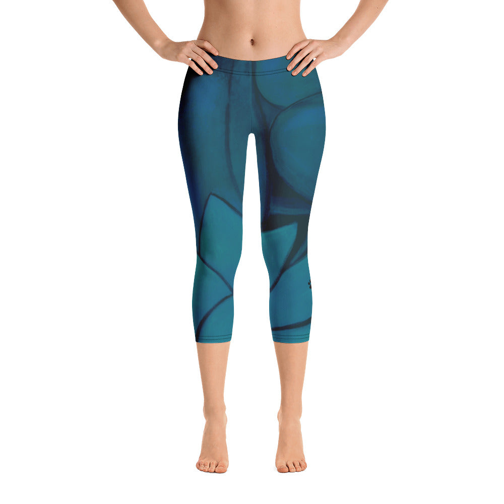 Flower on Teal - Vintage Paws | Women's Fine Art Regular-Waist Capris