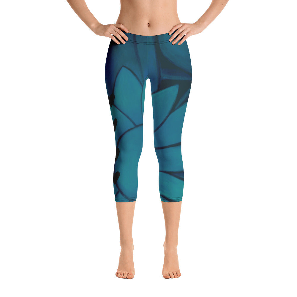 Flower on Teal with Black Hearts | Women's Fine Art Regular-Waist Capris