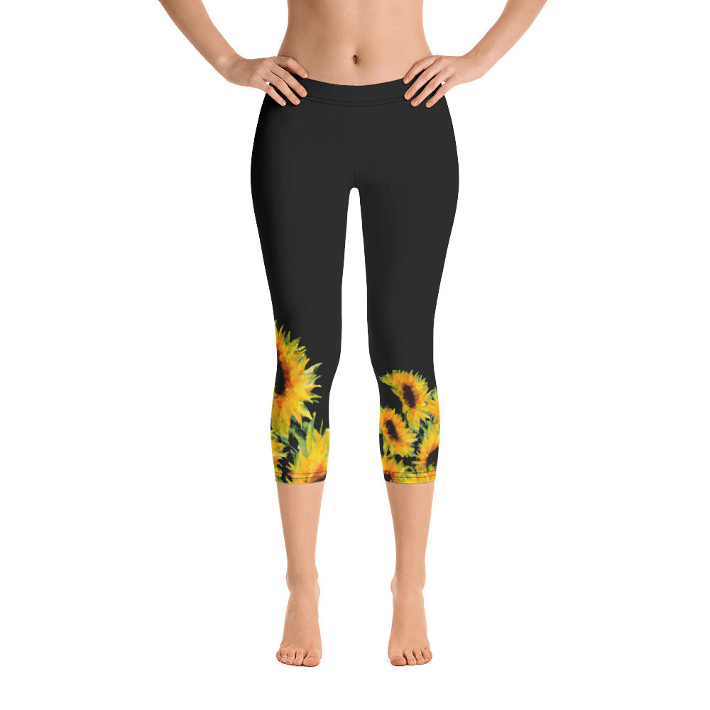 Sunflowers on Black | Women's Fine Art Regular-Waist Capris