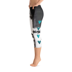 Abstract Woman Black and White with Turquoise Hearts | Women's Fine Art Regular-Waist Capris