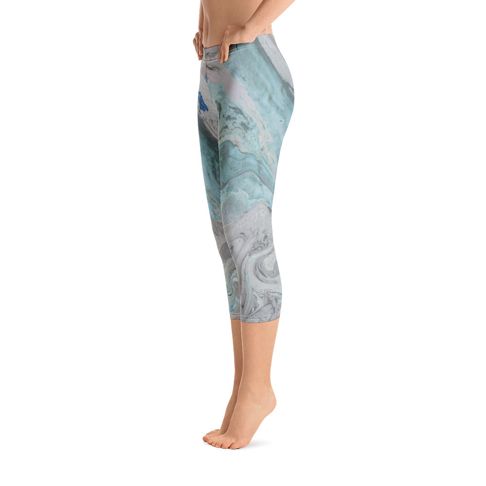 Fluid Aqua and Grey | Women's Fine Art Regular-Waist Capris
