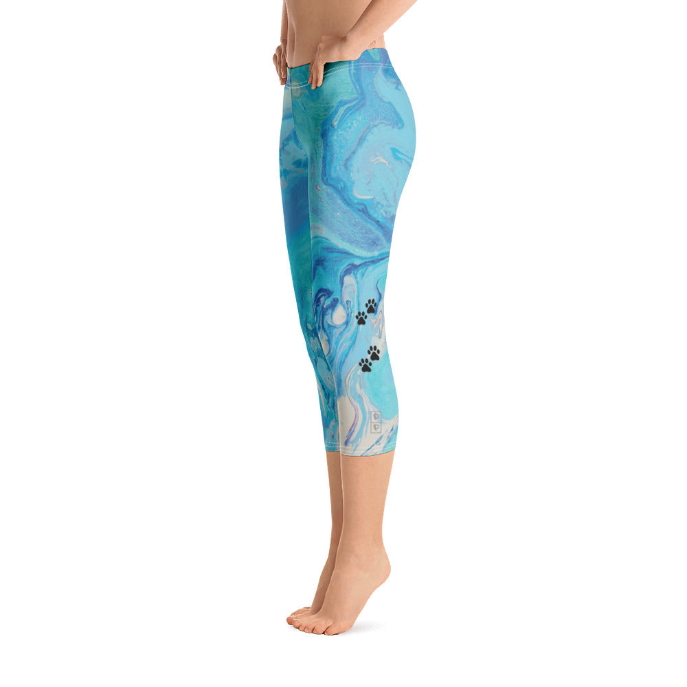 Fluid Light Blue - Vintage Paws | Women's Fine Art Regular-Waist Capris