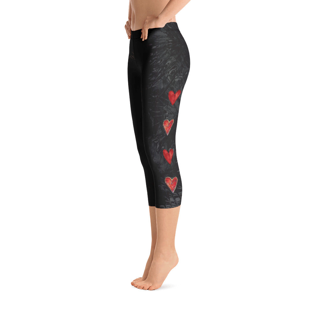 Black Splatter with Hearts | Women's Fine Art Regular-Waist Capris