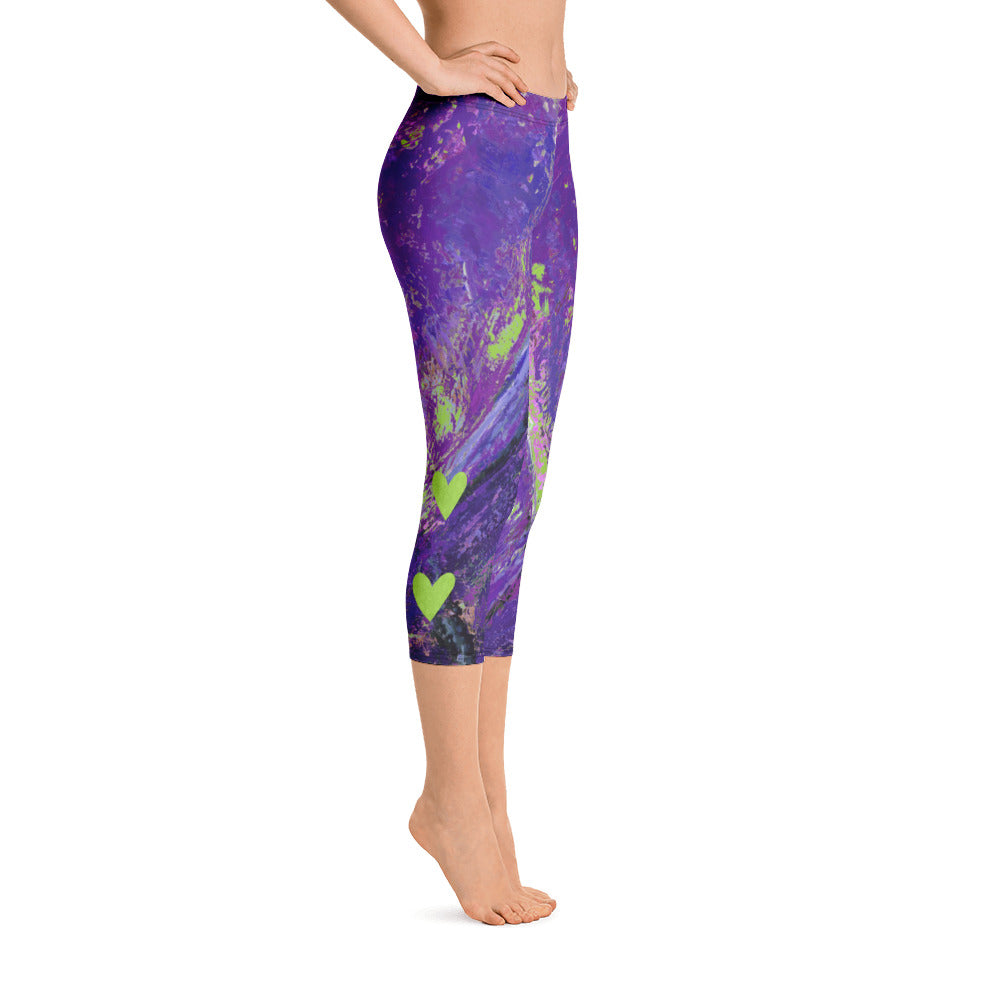 Coral Heart Purple and Lime with Green Hearts SFG | Women's Fine Art Regular-Waist Capris