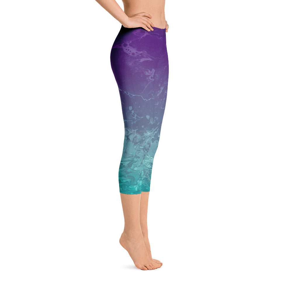 Fluid Ombre Teal & Purple | Women's Fine Art Regular-Waist Capris