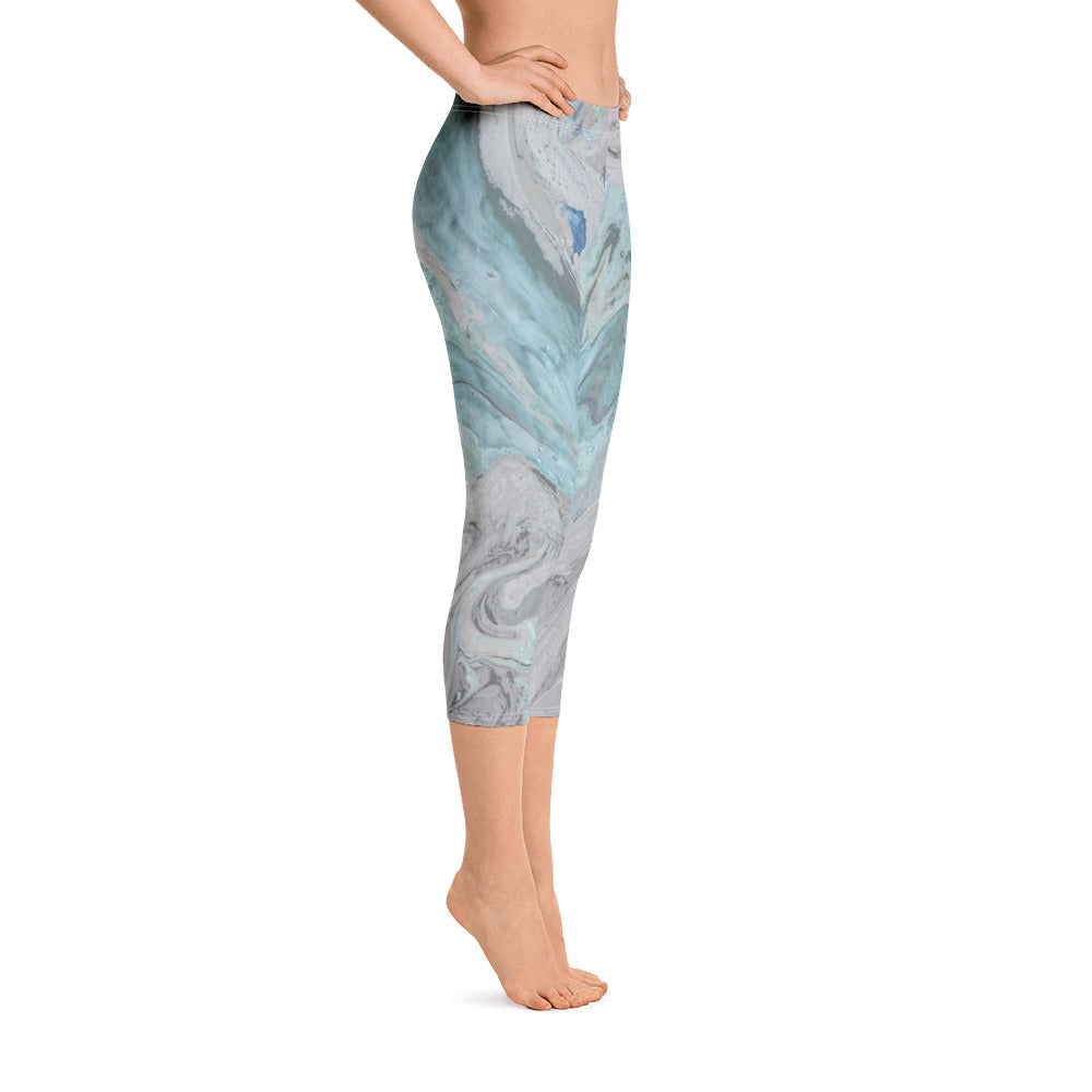 Fluid Aqua and Grey | Women's Fine Art Regular-Waist Capris