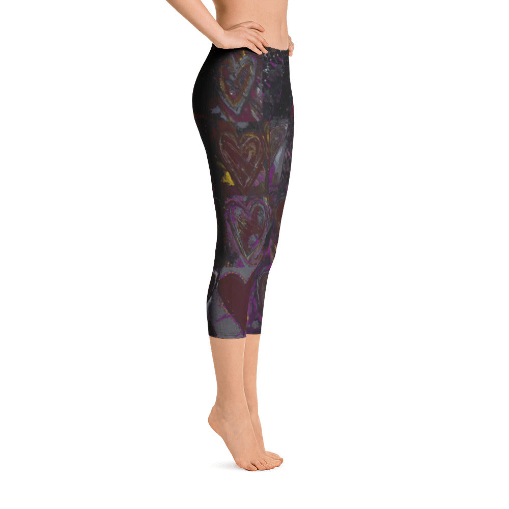 Hearts Without Borders Red and Dark Purple | Women's Fine Art Regular-Waist Capris
