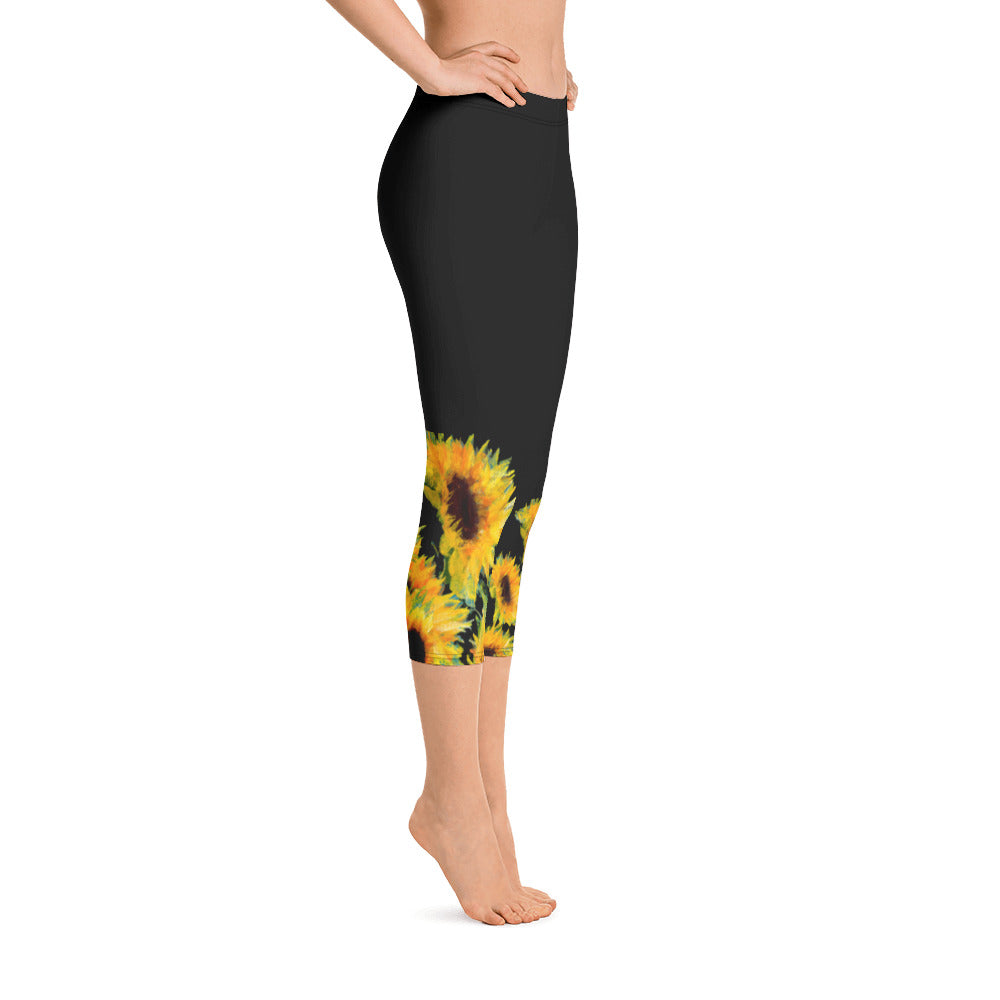 Sunflowers on Black | Women's Fine Art Regular-Waist Capris