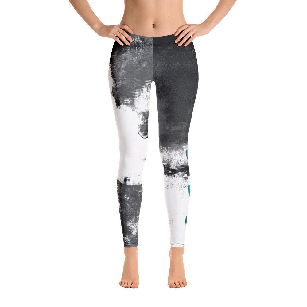 Abstract Woman Black and White with Turquoise Hearts | Women's Fine Art Regular-Waist Leggings