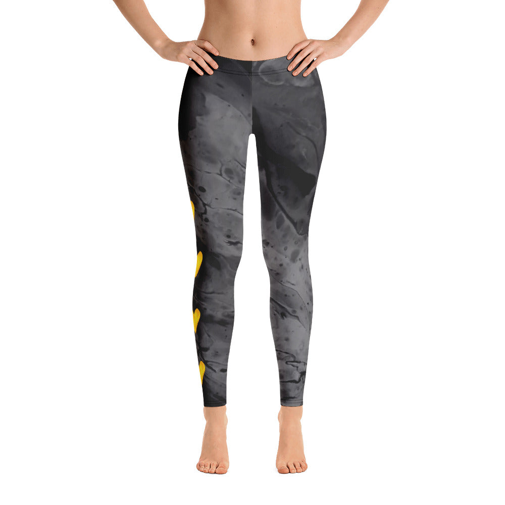 Optimism Fluid Dark Grey with Yellow Hearts | Women's Fine Art Regular-Waist Leggings