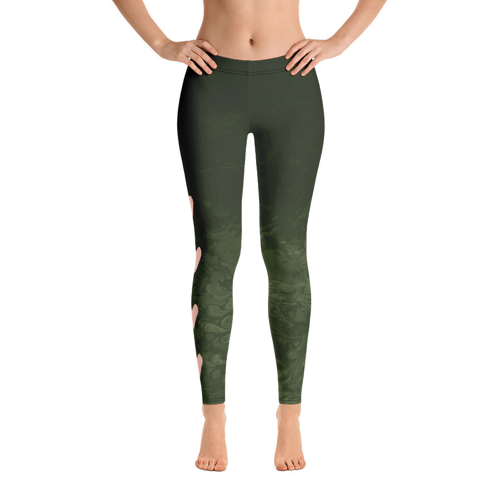 Fluid Military Green with Blush Hearts | Women's Fine Art Regular-Waist Leggings