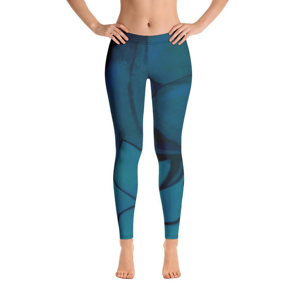 Flower on Teal - Vintage Paws | Women's Fine Art Regular-Waist Leggings