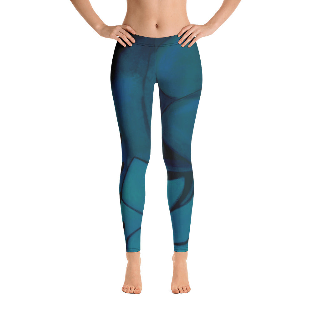 Flower on Teal with Black HeartsFlower on Teal with Black Hearts | Women's Fine Art Regular-Waist Leggings