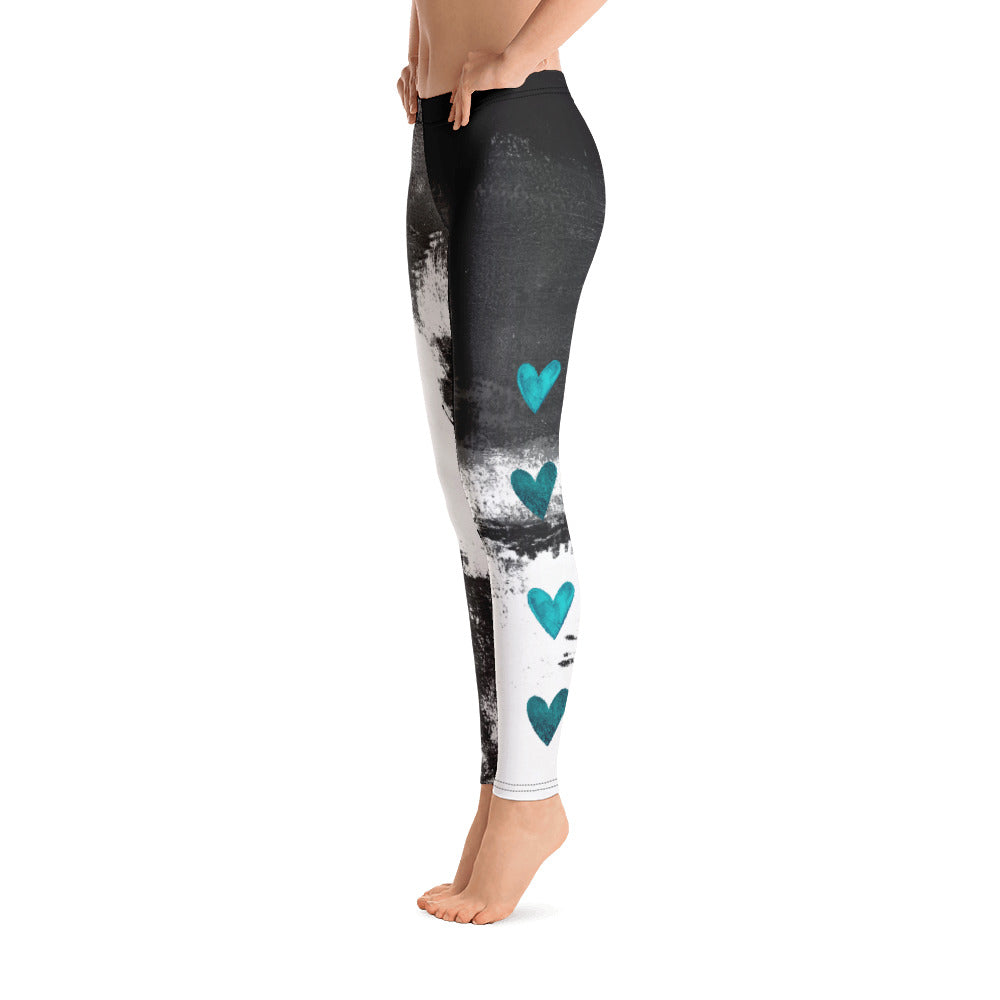 Abstract Woman Black and White with Turquoise Hearts | Women's Fine Art Regular-Waist Leggings