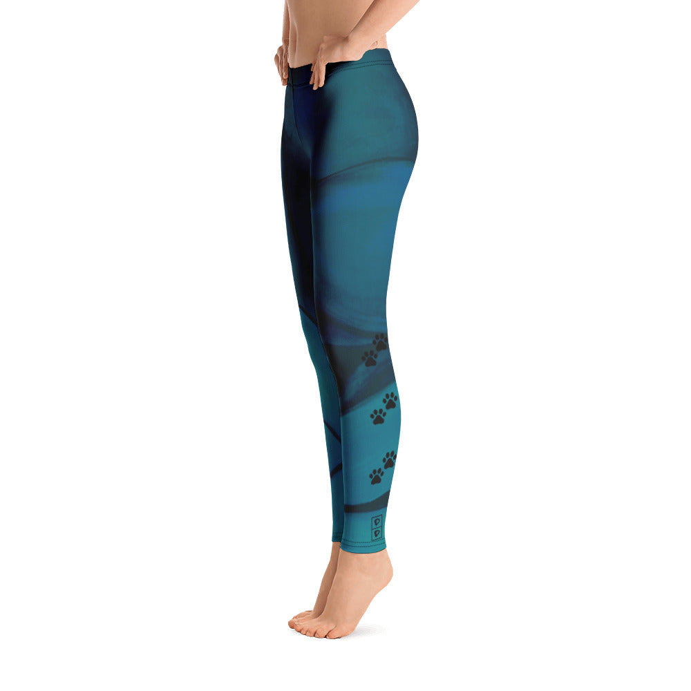 Flower on Teal - Vintage Paws | Women's Fine Art Regular-Waist Leggings