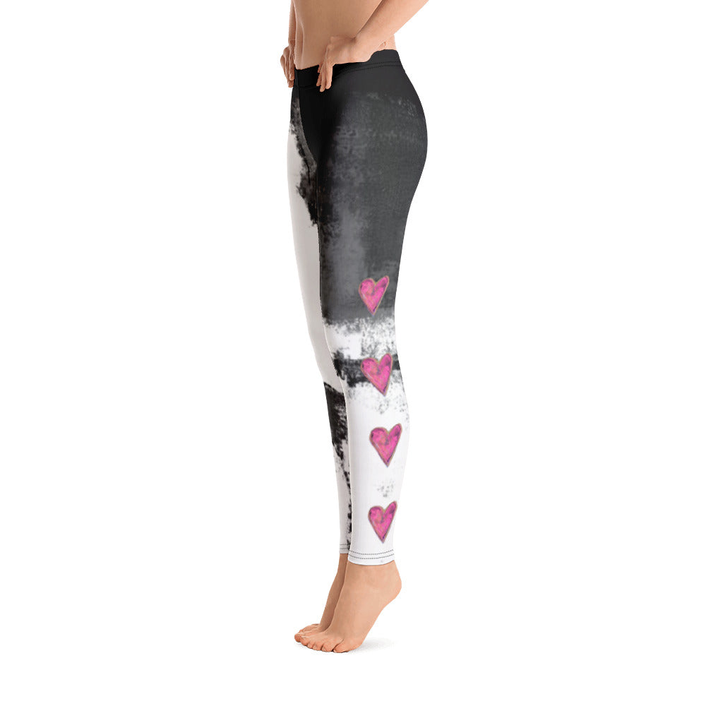 Abstract Woman Black and White with Hearts | Women's Fine Art Regular-Waist Leggings