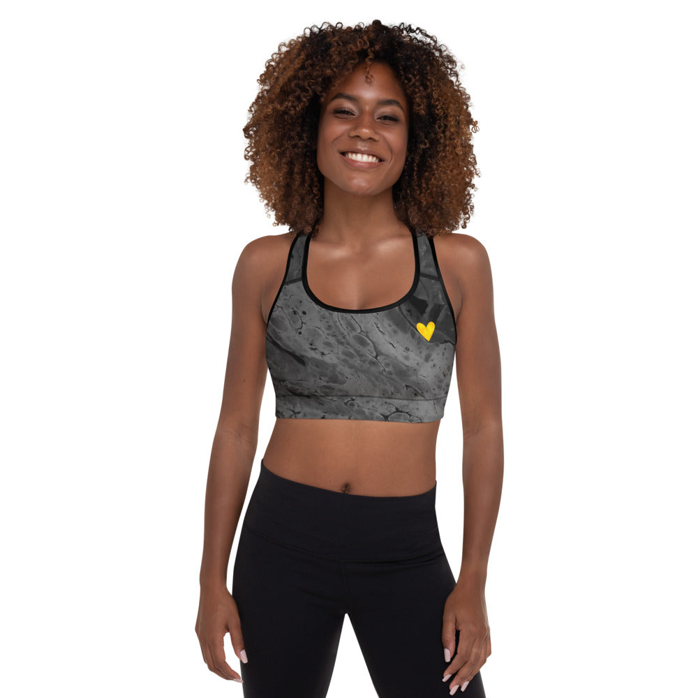 Optimism - Fluid Dark Grey with Yellow Hearts | Women's Fine Art Padded Sports Bra