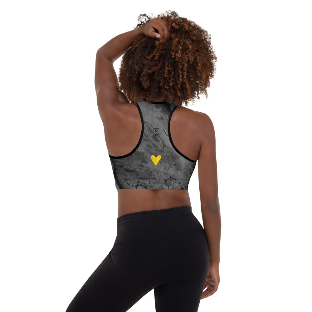 Optimism - Fluid Dark Grey with Yellow Hearts | Women's Fine Art Padded Sports Bra