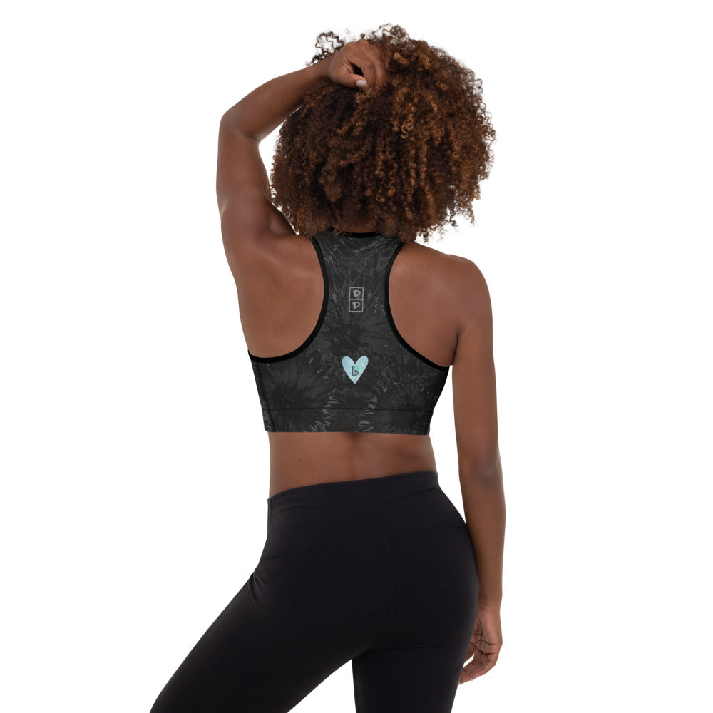 Black Splatter with Light Blue Hearts BBBS | Women's Fine Art Padded Sports Bra