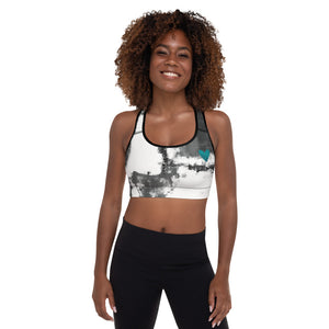 Abstract Woman Black and White with Turquoise Hearts | Women's Fine Art Padded Sports Bra