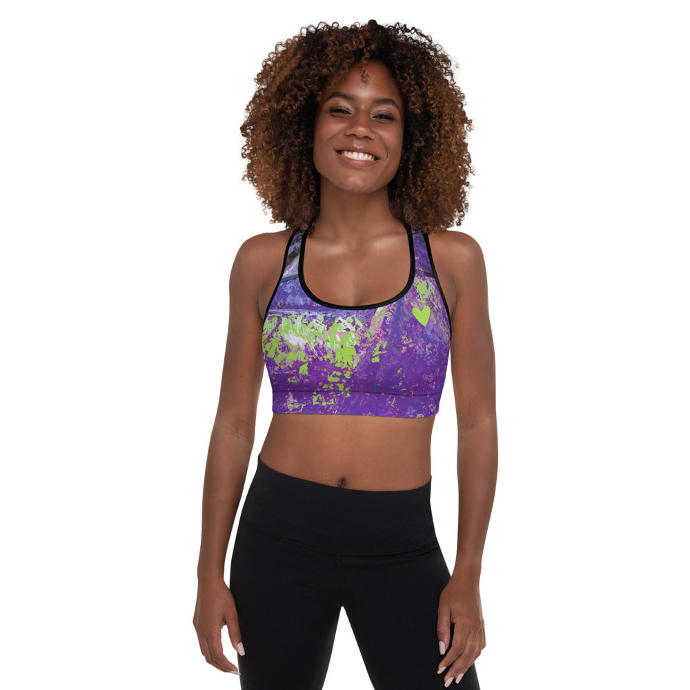 Coral Heart Purple and Lime with Green Hearts SFG | Women's Fine Art Padded Sports Bra