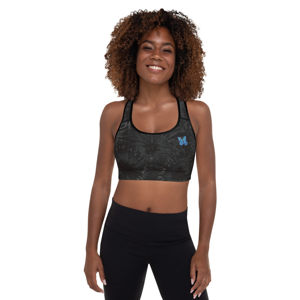 Black Splatter with Blue Butterflies Tidewell | Women's Fine Art Padded Sports Bra
