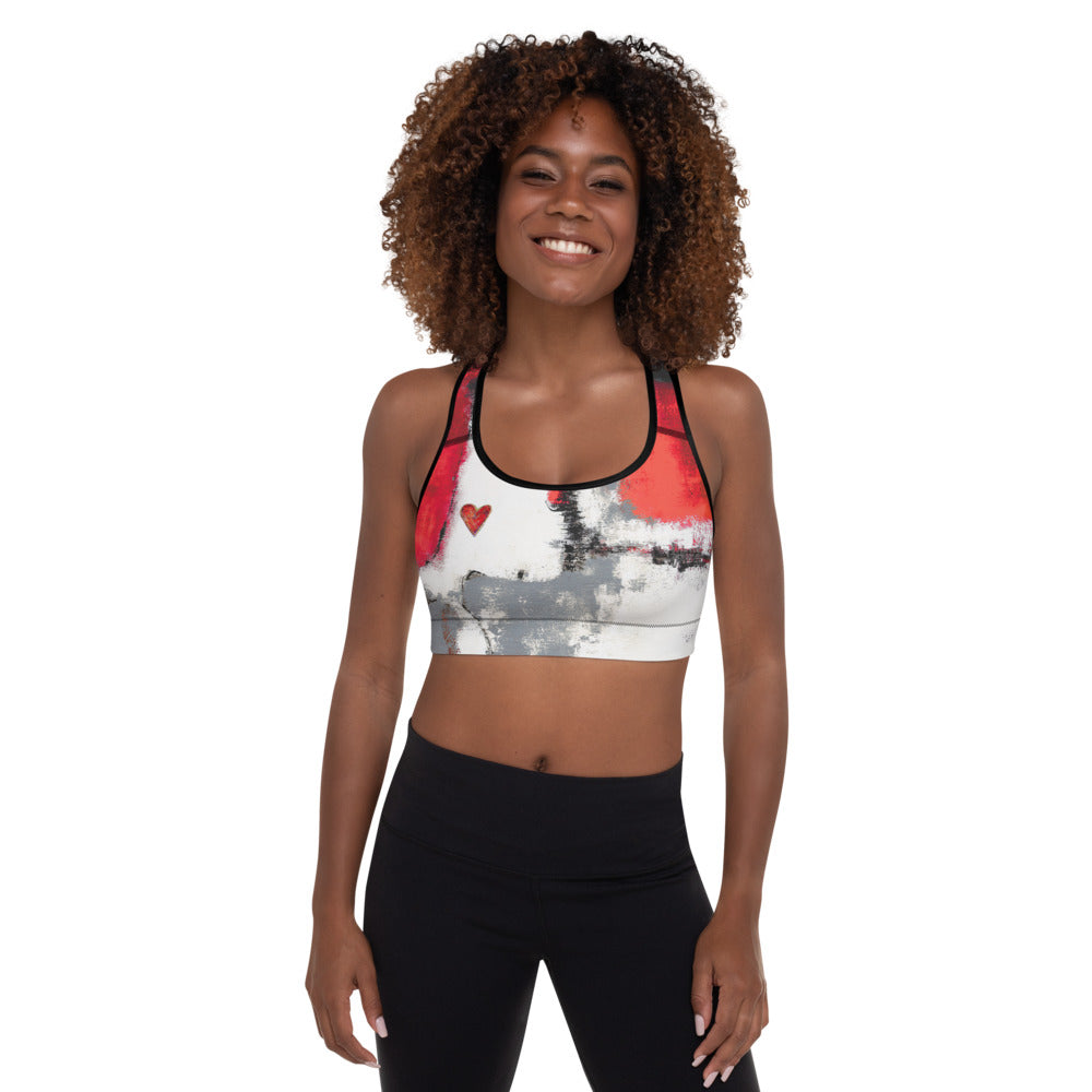 Abstract Woman Red and Grey with Red Hearts | Women's Fine Art Padded Sports Bra
