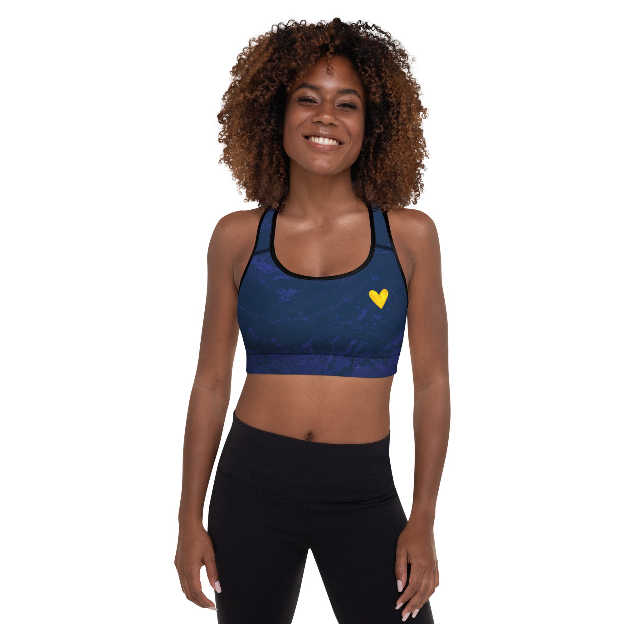 Fluid Navy with Yellow Hearts | Women's Fine Art Padded Sports Bra