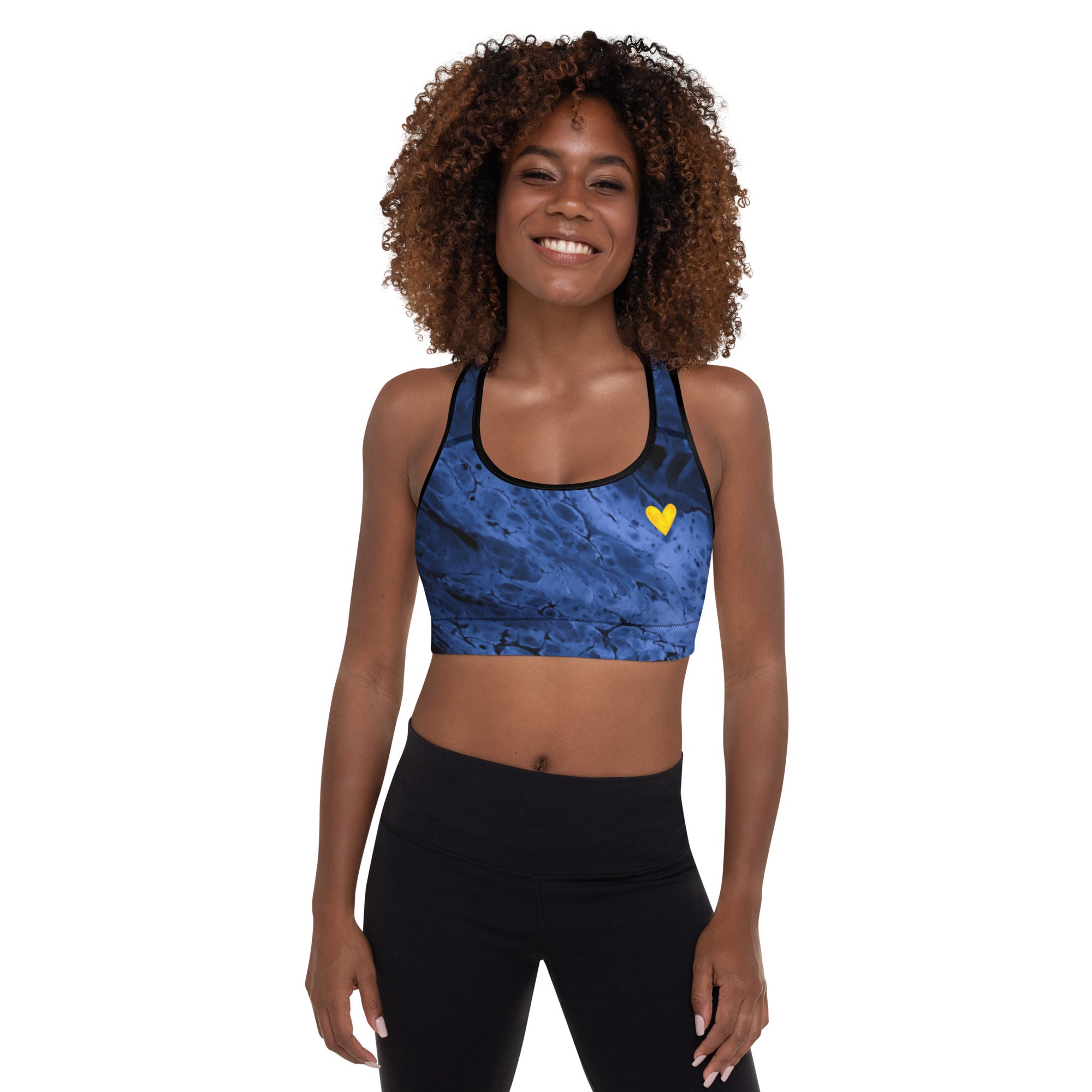 Fluid Navy with Yellow Hearts | Women's Fine Art Padded Sports Bra