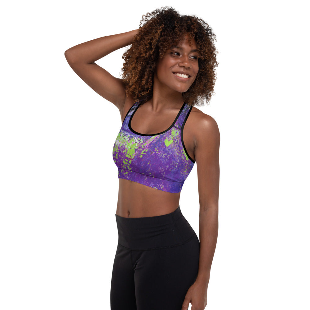 Coral Heart Purple and Lime with Green Hearts SFG | Women's Fine Art Padded Sports Bra