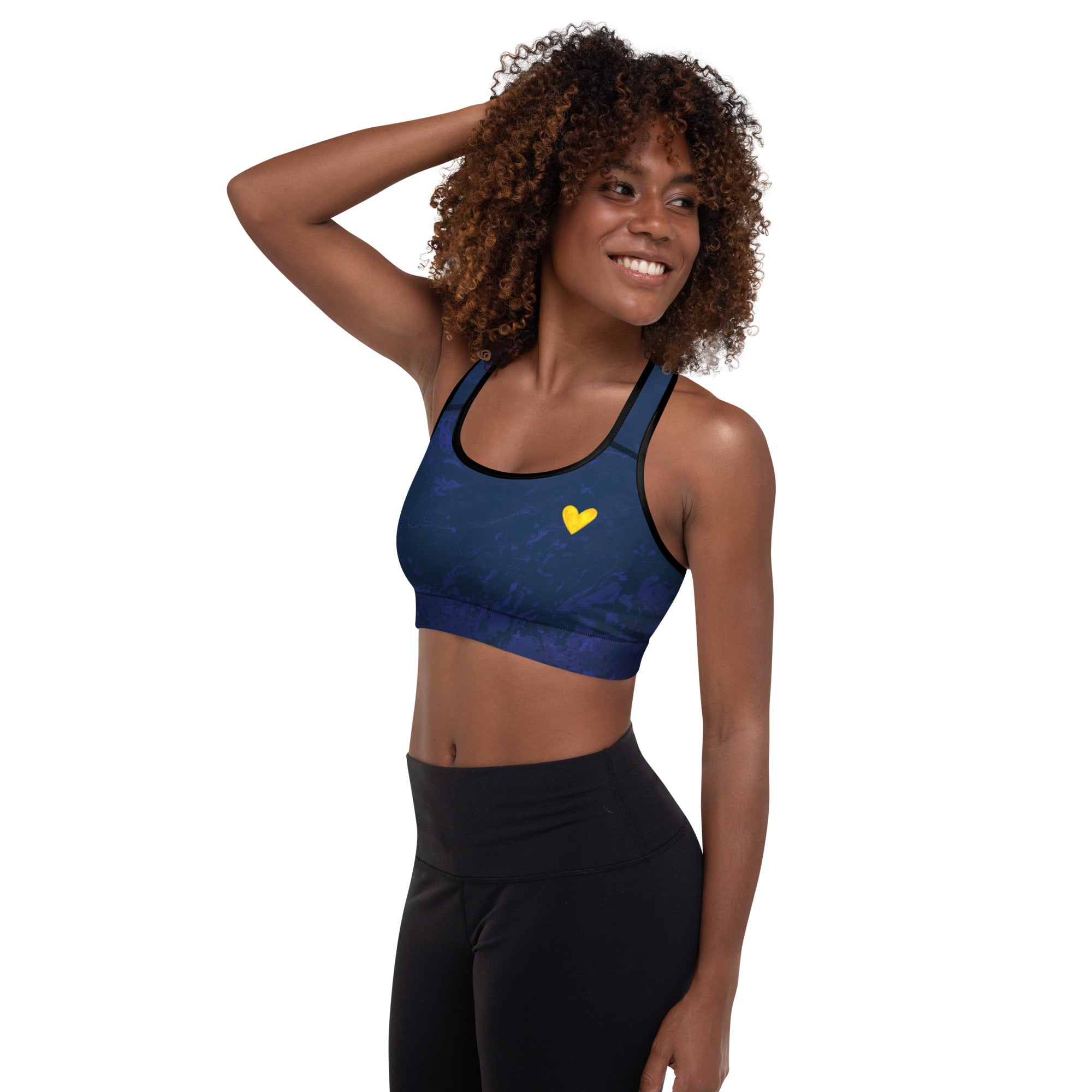 Fluid Navy with Yellow Hearts | Women's Fine Art Padded Sports Bra