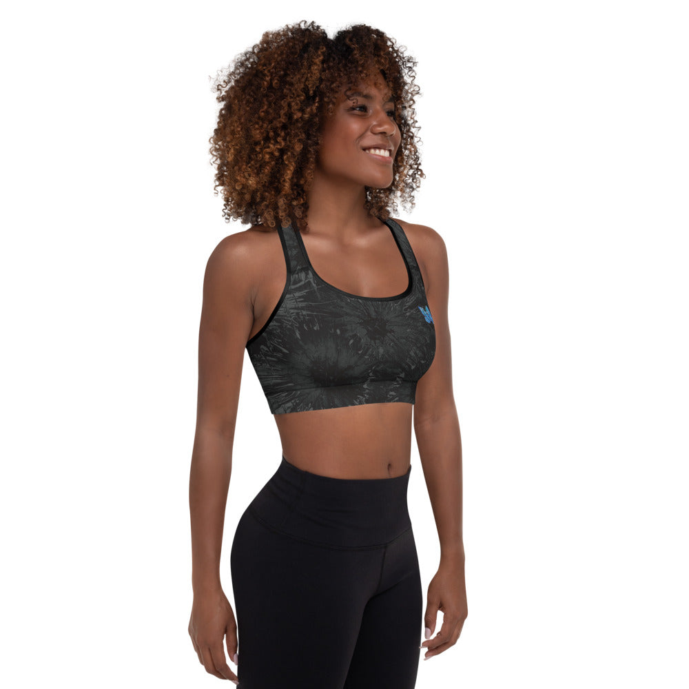 Black Splatter with Blue Butterflies Tidewell | Women's Fine Art Padded Sports Bra