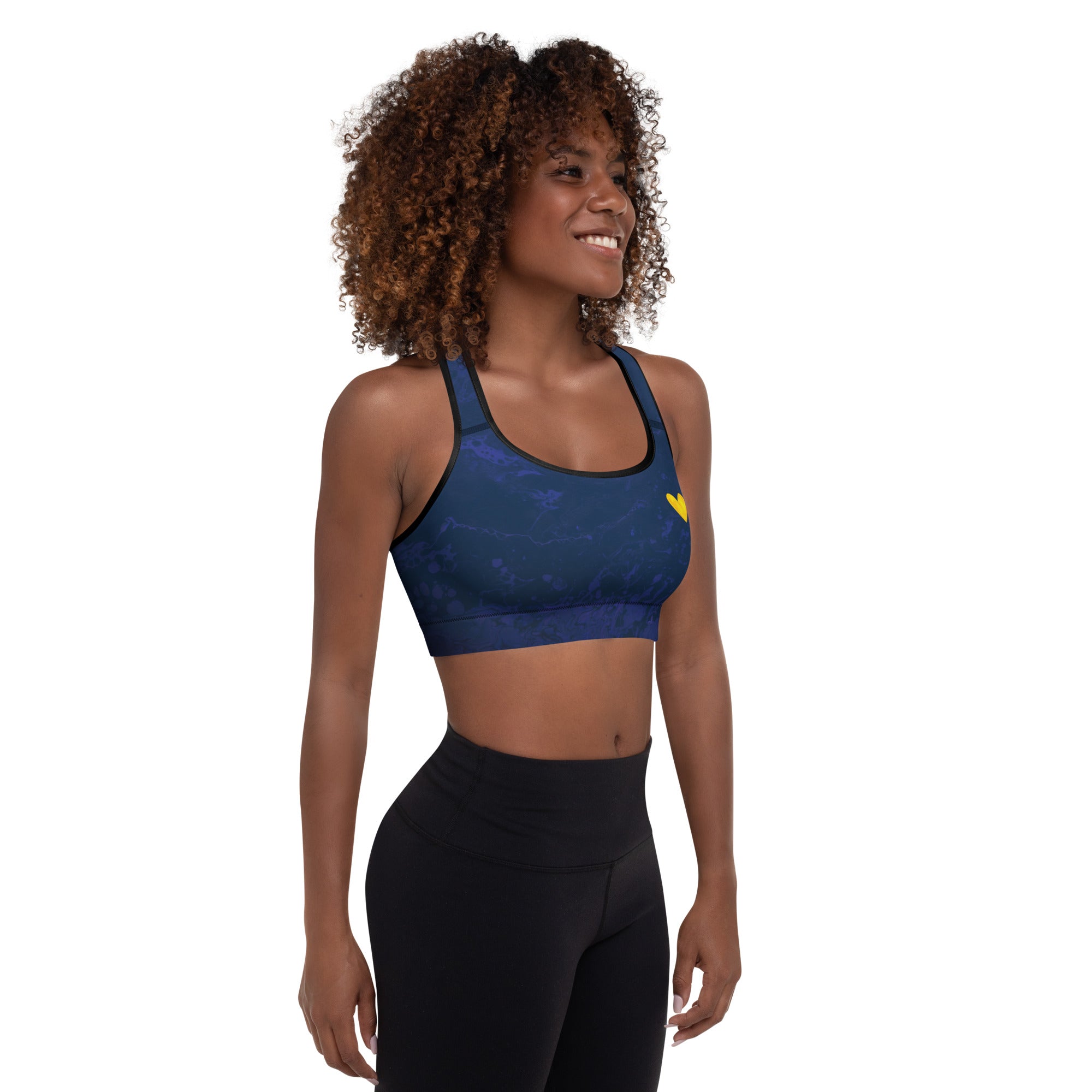 Fluid Navy with Yellow Hearts | Women's Fine Art Padded Sports Bra