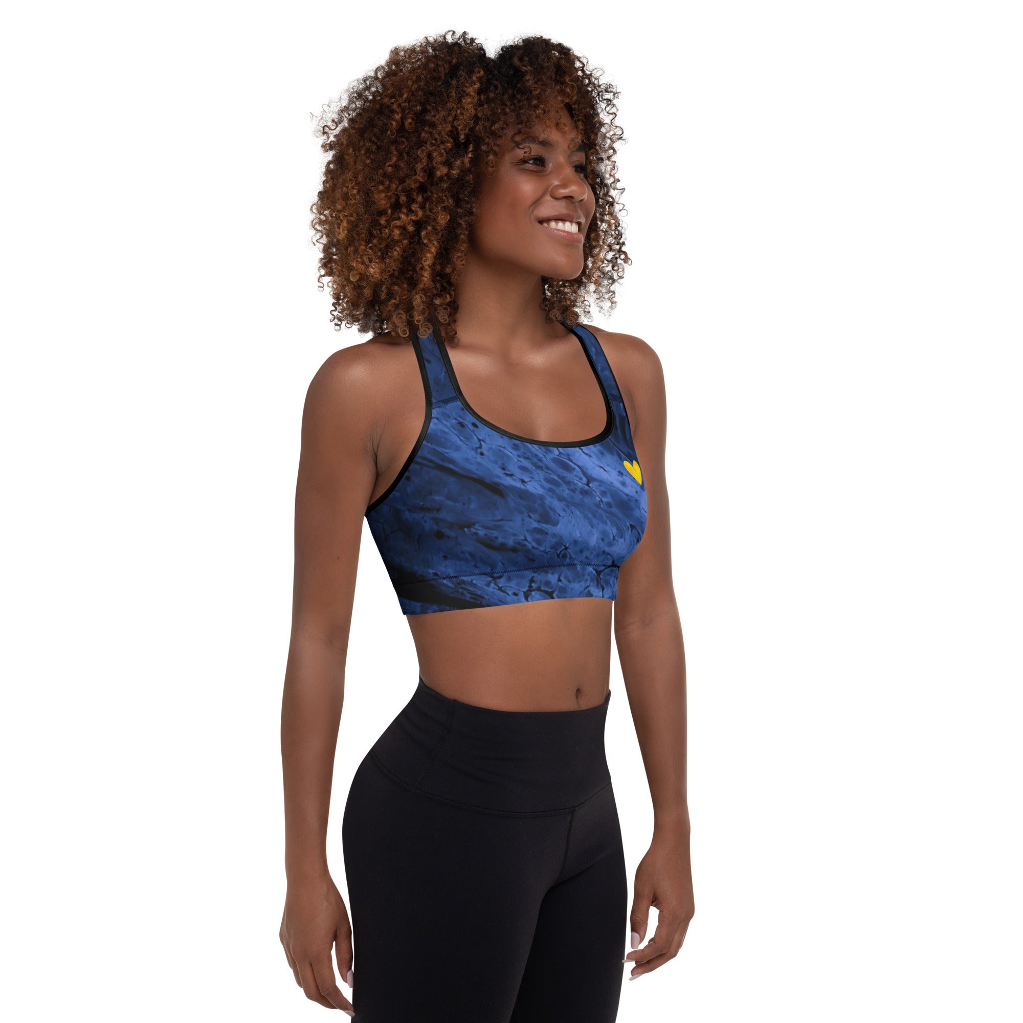 Fluid Navy with Yellow Hearts | Women's Fine Art Padded Sports Bra